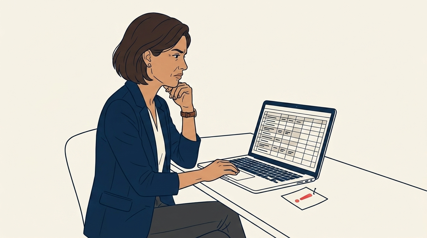 Maya at her desk reviewing a half-filled-in shared spreadsheet on her laptop, hand on chin, subtle frustration, sticky note with a coral exclamation glyph pinned beside the screen