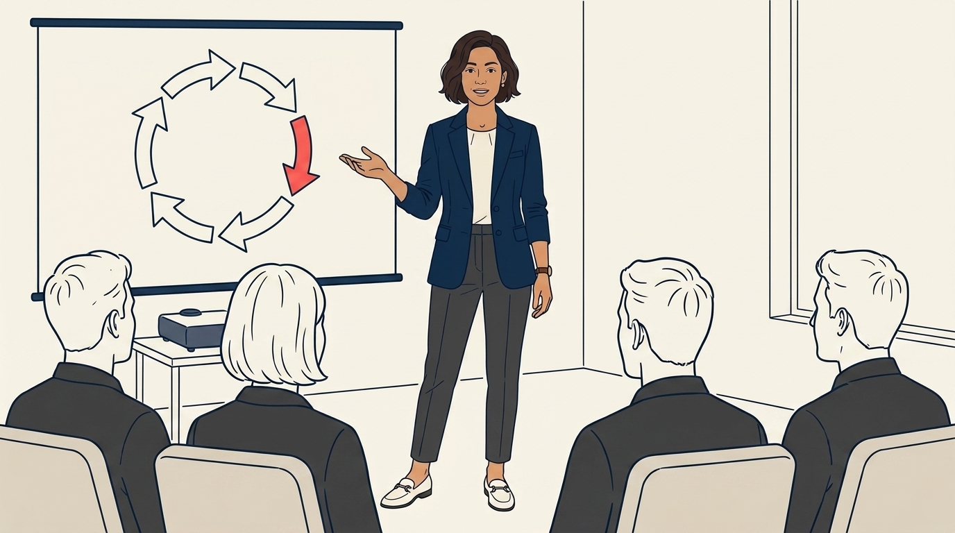 Maya standing at the front of her small office, her four agents gathered around, pointing at a slide with the new routing rules projected on the wall