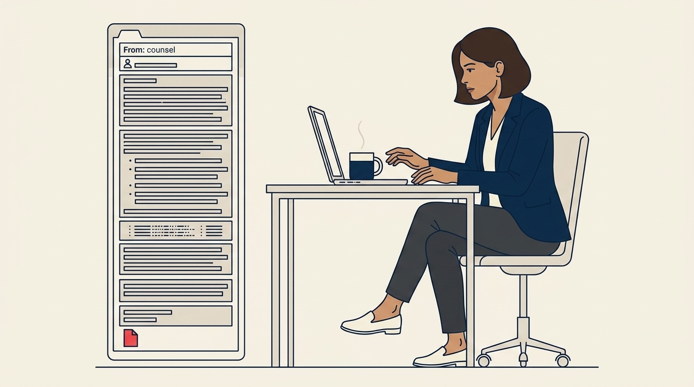 Maya di laptopnya membaca email hukum yang panjang, ekspresi hati-hati dan tegang, cangkir kopi yang mulai dingin di sampingnya