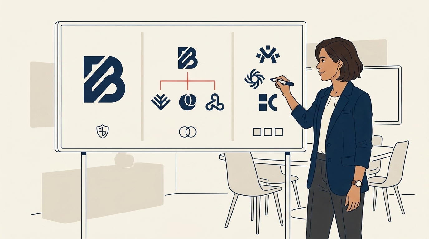 Maya at a whiteboard sketching three diagrams labeled Master Brand, House of Brands, and Endorsed, with small icons representing each model