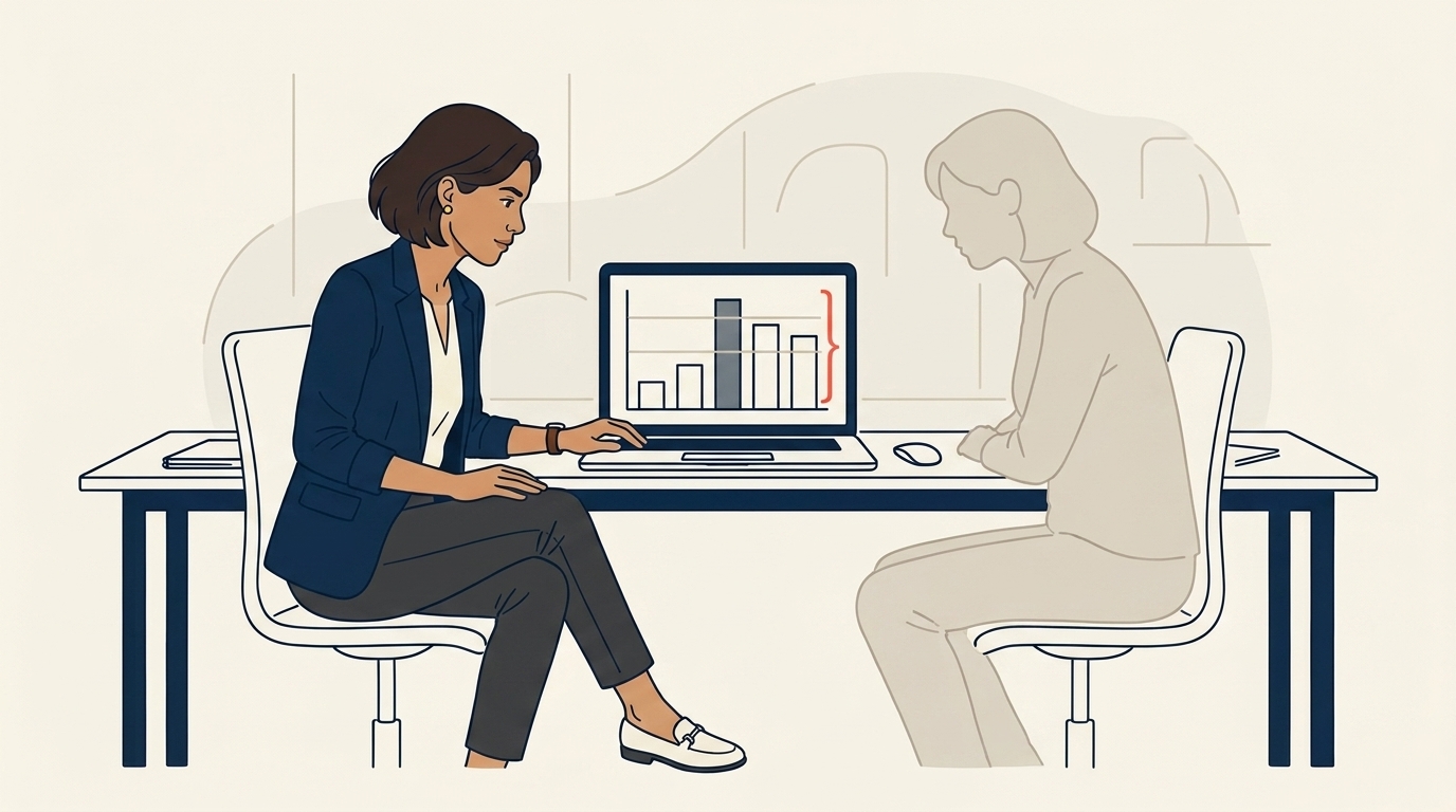 Maya at her desk with the Sales Ops hire, the two of them looking at a quarterly performance distribution chart on a laptop screen