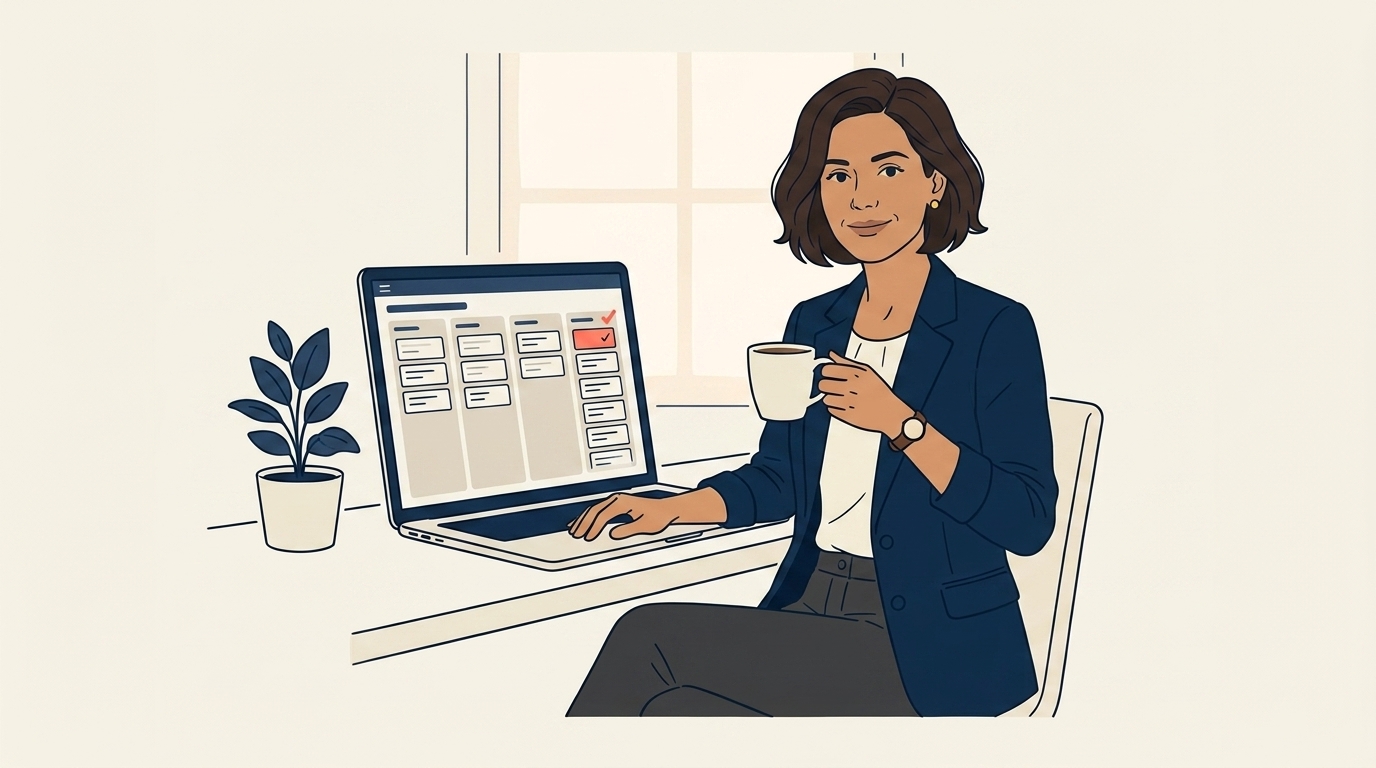 Maya at her laptop with a dashboard showing 20 confirmed bookings across her pipeline, a small celebratory mug of coffee, a calm satisfied expression