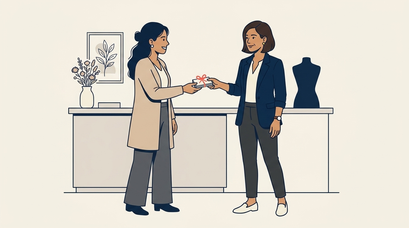 Maya handing a stack of business cards to a wedding planner in her shop, the two of them in conversation, warm rapport visible