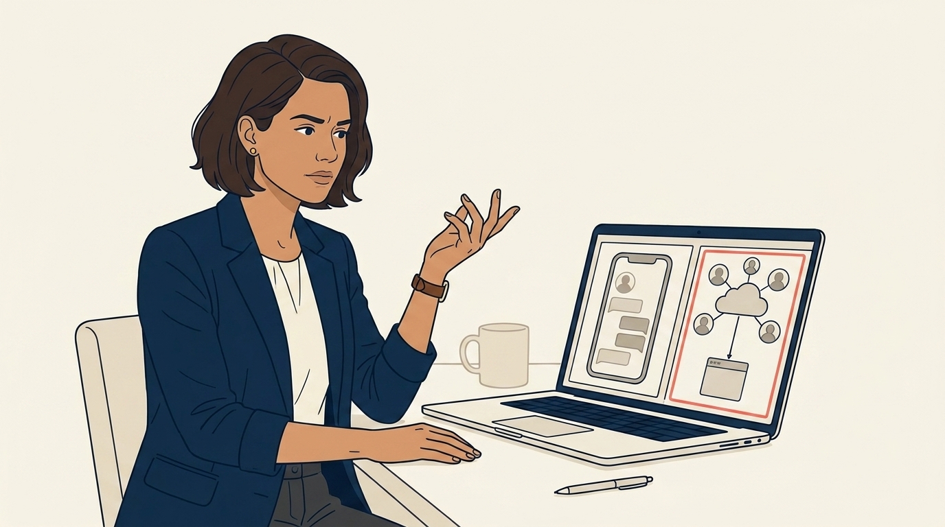 Maya at her laptop comparing two WhatsApp options side by side, the app on one side with one agent icon, the API on the other with multiple agents and a CRM integration