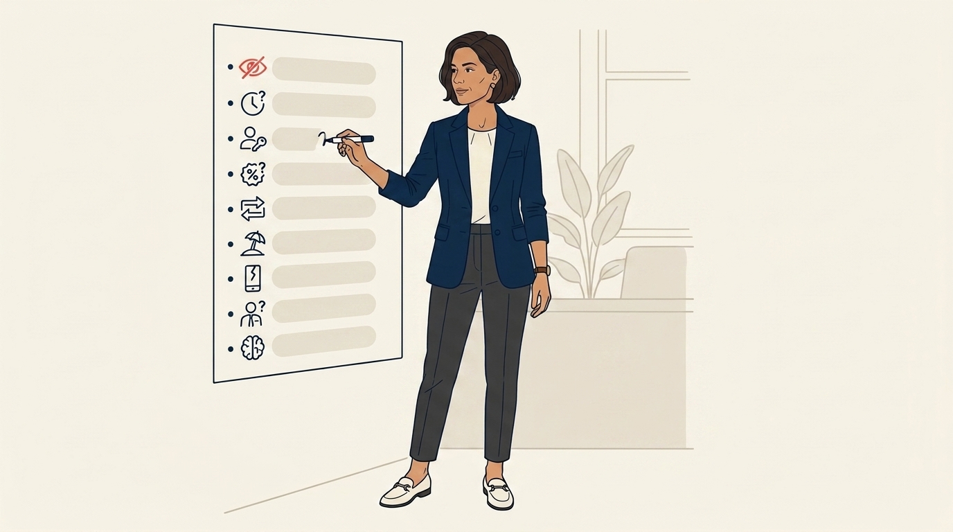 Maya at a wall whiteboard listing nine short bullet points in clean navy linework, each with a small icon glyph indicating a hidden cost of personal-phone messaging