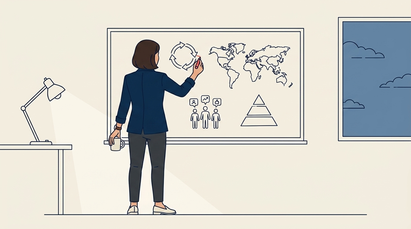 Maya alone at a whiteboard late in the evening, sketching four diagrams with a marker, round arrows, a map, agent figures, and a pyramid