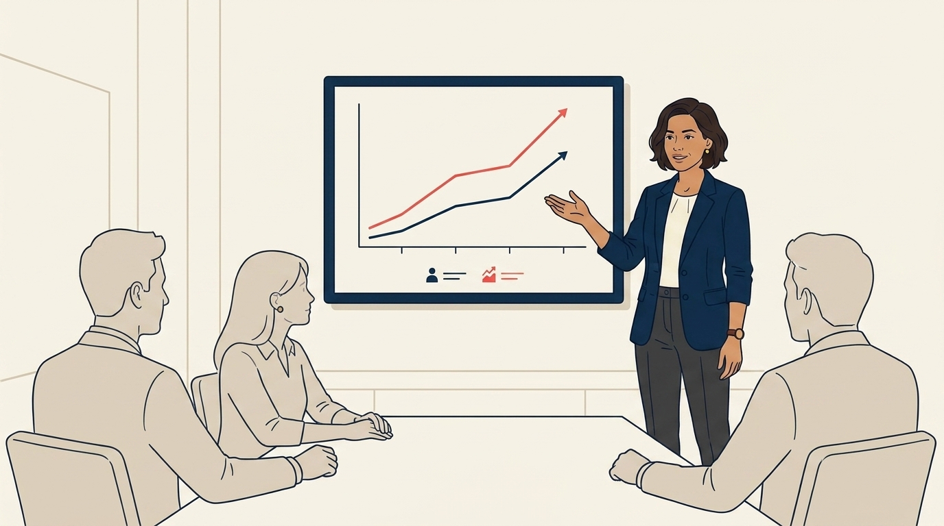 Maya di semakan suku tahunannya bersama pasukan kepimpinan, satu carta dashboard tunggal kelihatan menunjukkan kemajuan kadar kemenangan sepanjang empat suku tahun, suasana tenang dan strategik