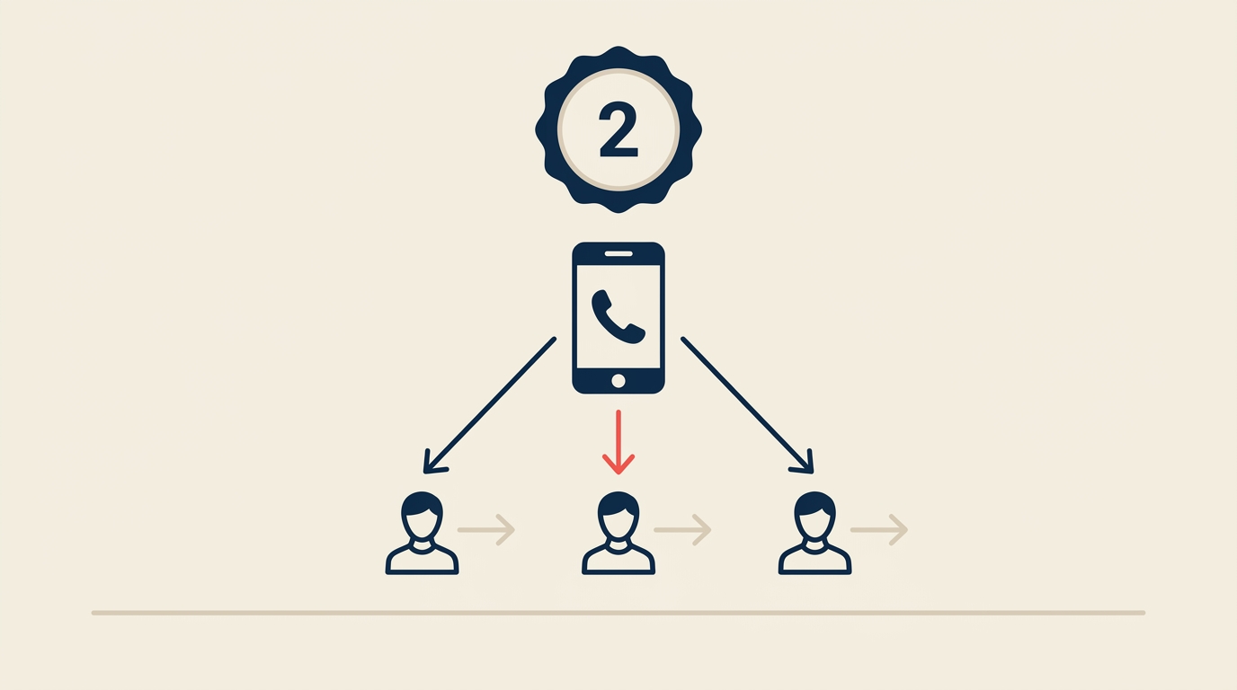 Option-card 2: a large round badge with the digit 2 inside, beneath it a single main phone-icon at top with three routing arrows fanning down to three agent-figure-icons, the central arrow rendered in coral