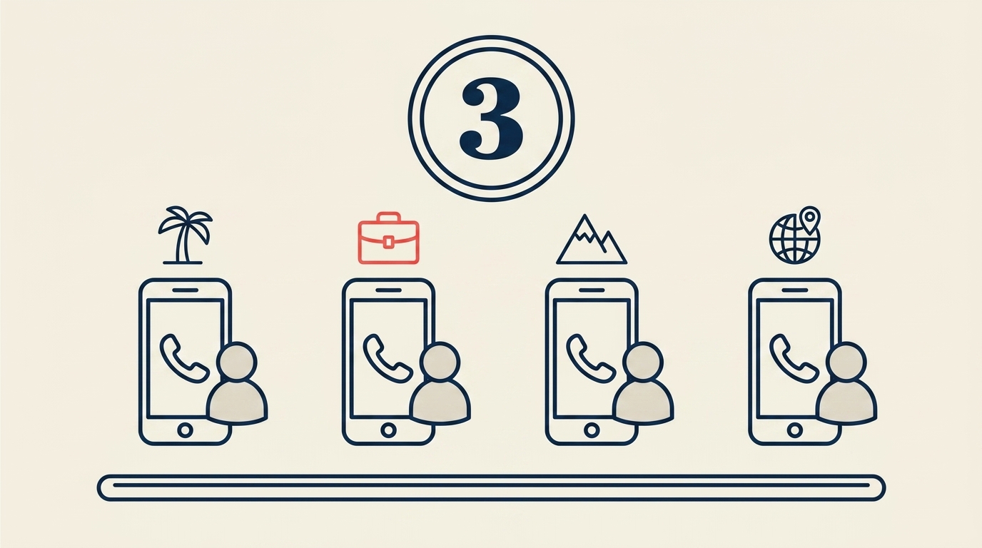 Option-card 3: a large round badge with the digit 3 inside, beneath it four phone-icons each with a different product-icon (palm-tree, briefcase rendered in coral, mountain, globe), each phone connecting to its own customer-figure