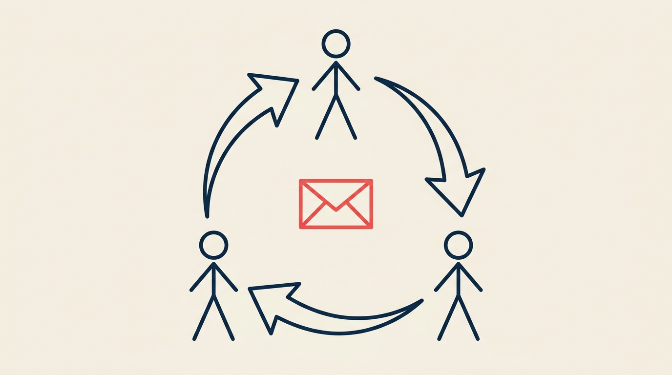 A simple circular diagram with three agent avatars connected by rotating arrows going A to B to C and back to A
