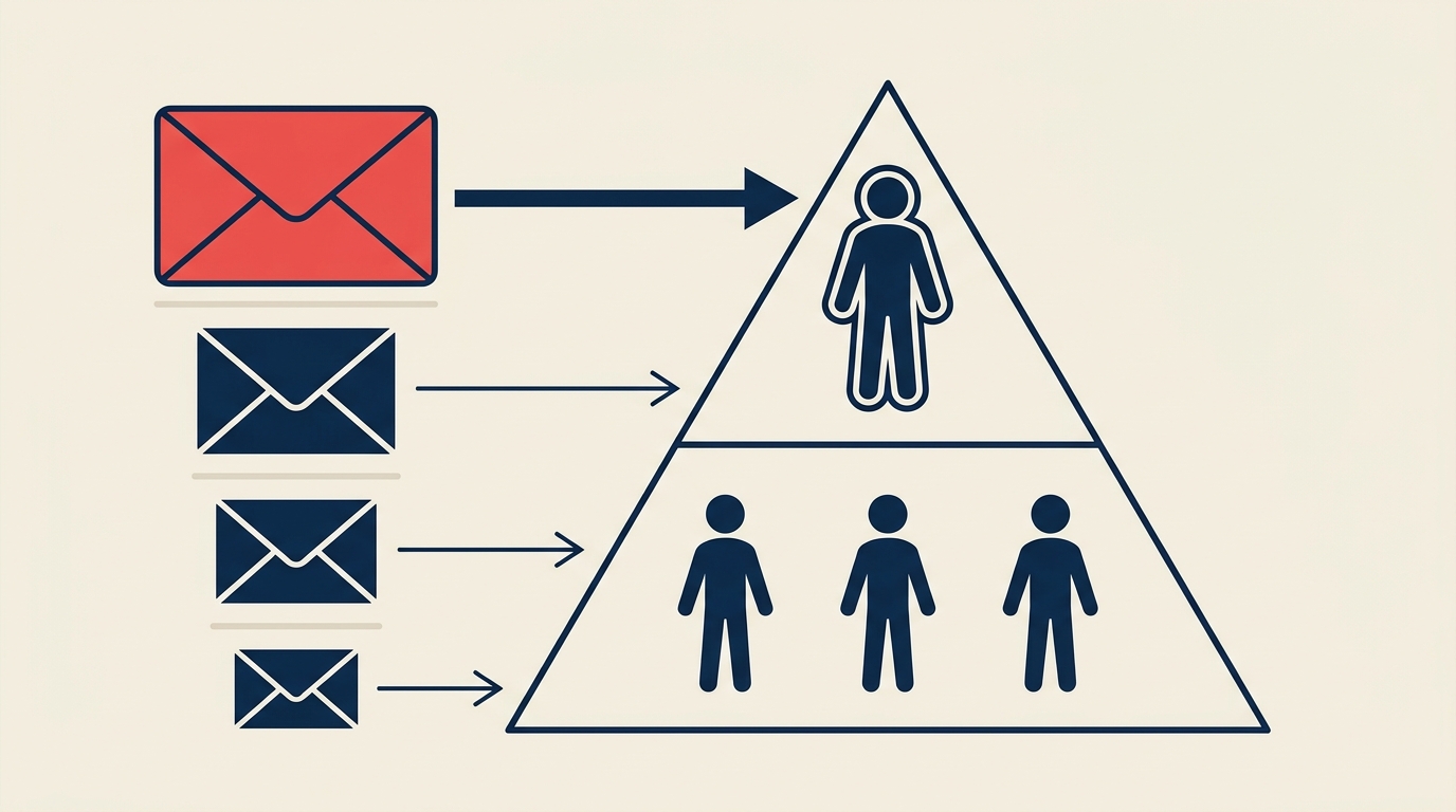 A simple pyramid with a senior agent at the top receiving a high-value lead card, and three junior agents at the bottom receiving smaller lead cards