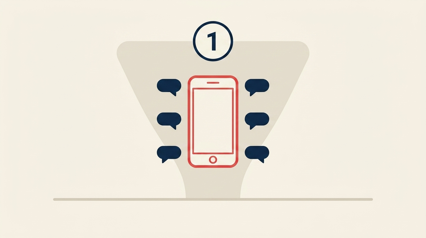 Option-card 1: a large round badge with the digit 1 inside, beneath it a single phone-icon receiving converging chat-bubbles from all directions, suggesting one number for everything