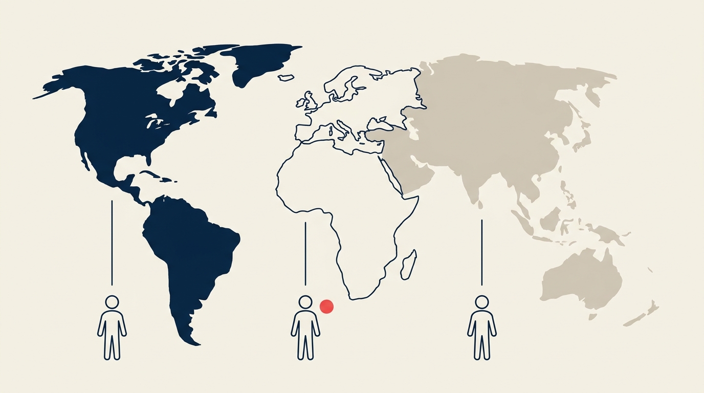 Maya standing in front of a world map with three agent figures each assigned to a colored region, one for Europe, one for Asia-Pacific, one for the Americas