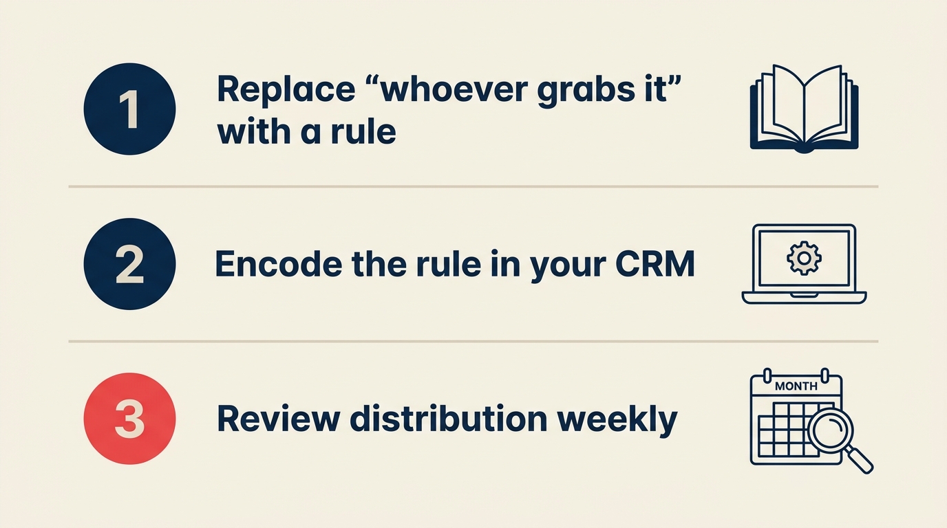 A single clean summary card showing three numbered takeaways with icons: rule vs gut feel, CRM automation, weekly review