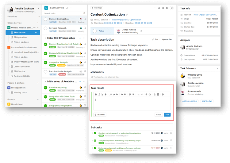 1. Product philosophy: ClickUp is about collaboration, while Rework is about management: Rework project screens 1