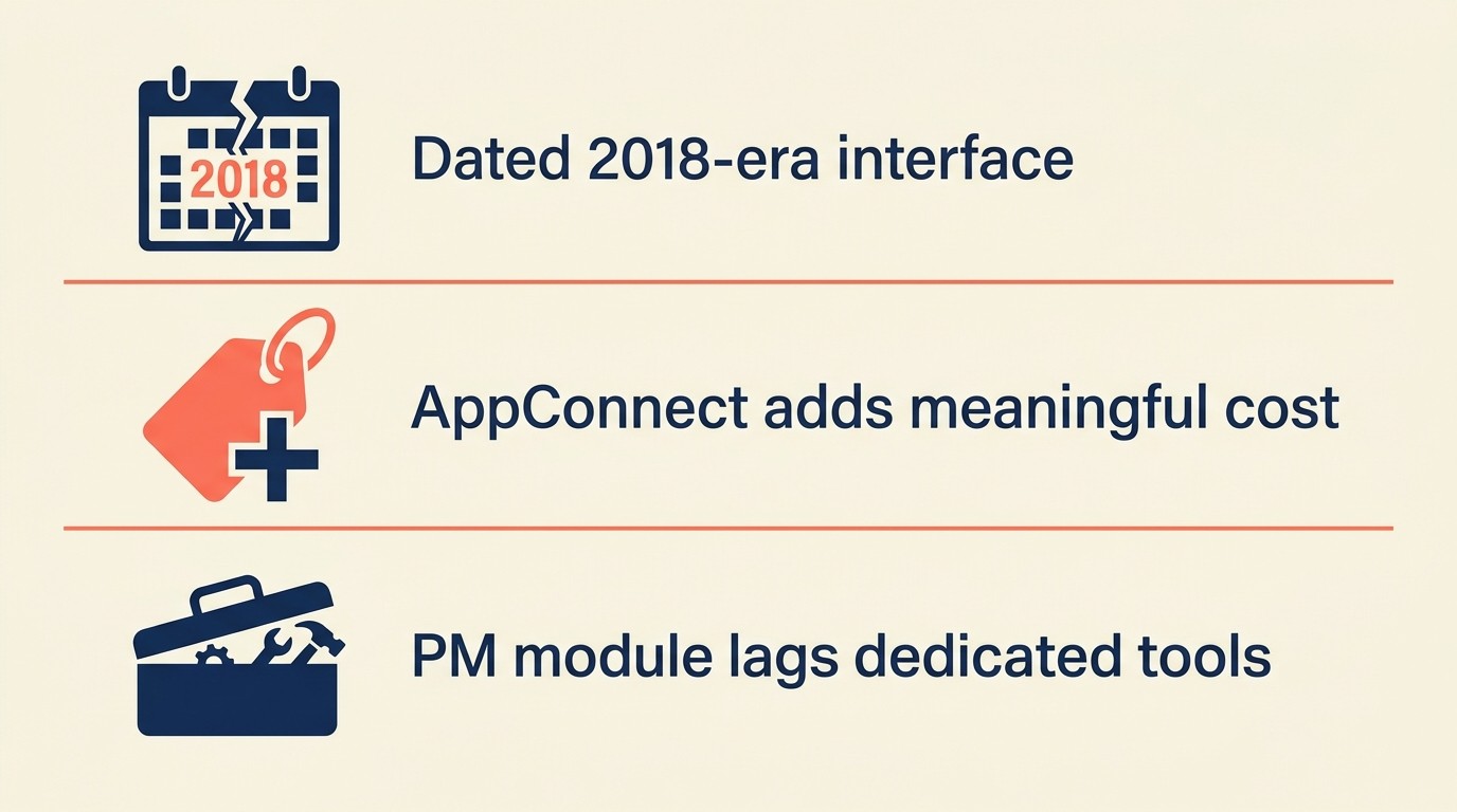 Reasons services teams leave Insightly: dated UI, expensive AppConnect, shallow project tools, limited reporting