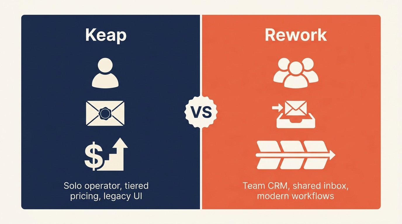 Rework vs Keap: side-by-side comparison showing multi-rep pipeline, unified inbox, and cross-team workflows for growing operations