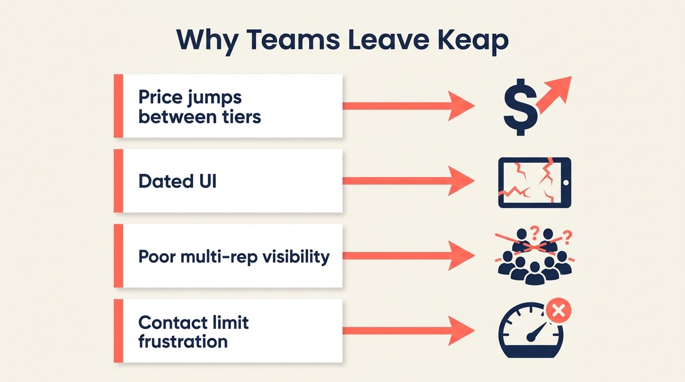 Eight common pain points that drive teams to leave Keap: pricing jumps, dated UI, weak multi-rep pipeline, contact limits, and poor team collaboration