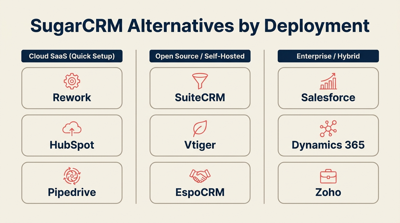 CRM alternatives at a glance: 10-row comparison matrix with tool, best-for, starting price, and key strength