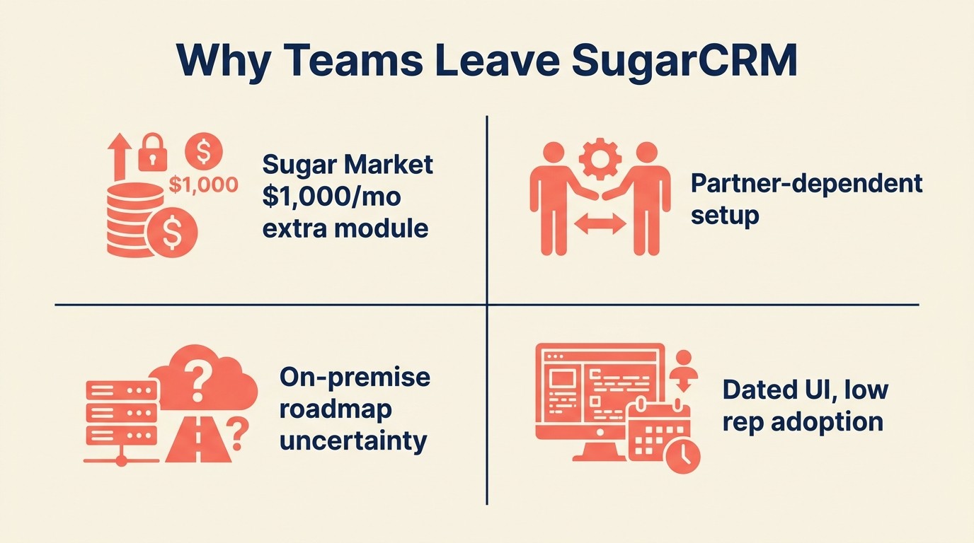 Why teams leave SugarCRM: four pain points including extra module pricing, partner-dependent setup, on-premise roadmap uncertainty, dated UI and low rep adoption