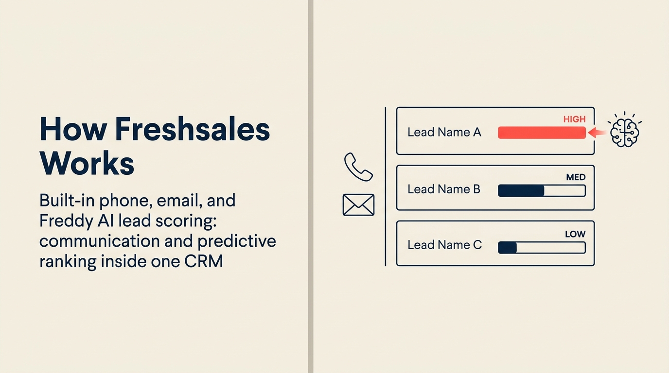 Freshsales CRM com IA: telefone integrado, e-mail e pontuação de leads com Freddy AI em uma única interface de vendas