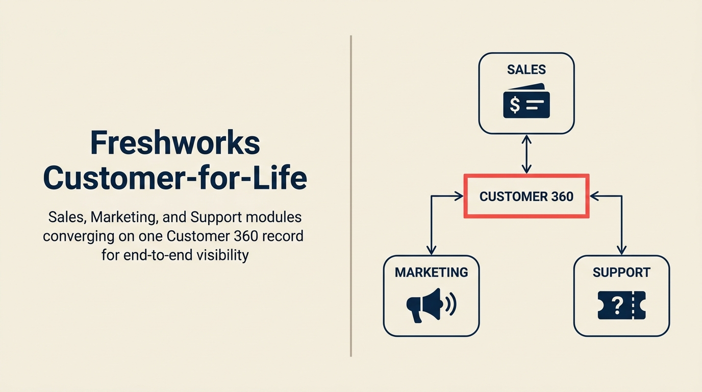 Freshworks Customer-for-Life Suite: Sales, Marketing, and Support modules converging on one Customer 360 record