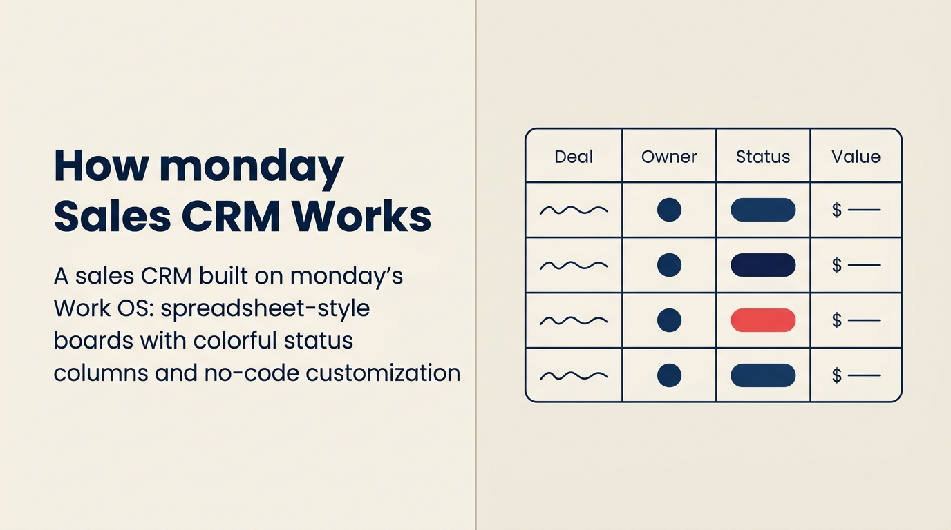 Monday Sales CRM, papan bergaya spreadsheet dengan kolom status berwarna-warni dan kustomisasi tanpa kode pada Work OS