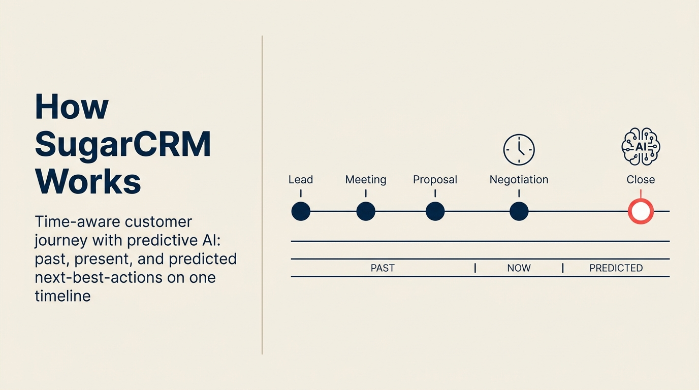 Jornada do cliente time-aware do SugarCRM, passado, presente e próximas melhores ações previstas em um único histórico com IA SugarPredict