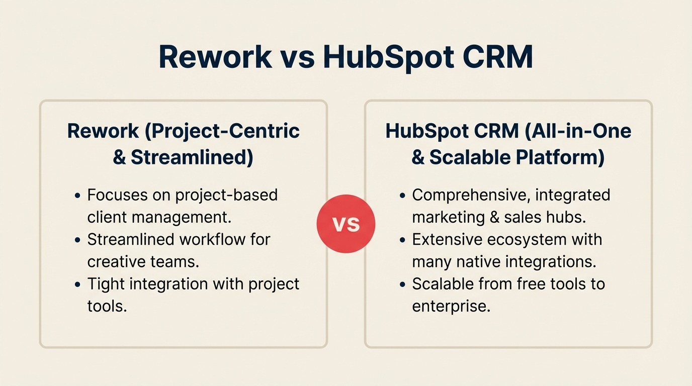 Rework vs HubSpot CRM comparison, unified CRM with lead management and chat vs full HubSpot marketing-sales-service platform