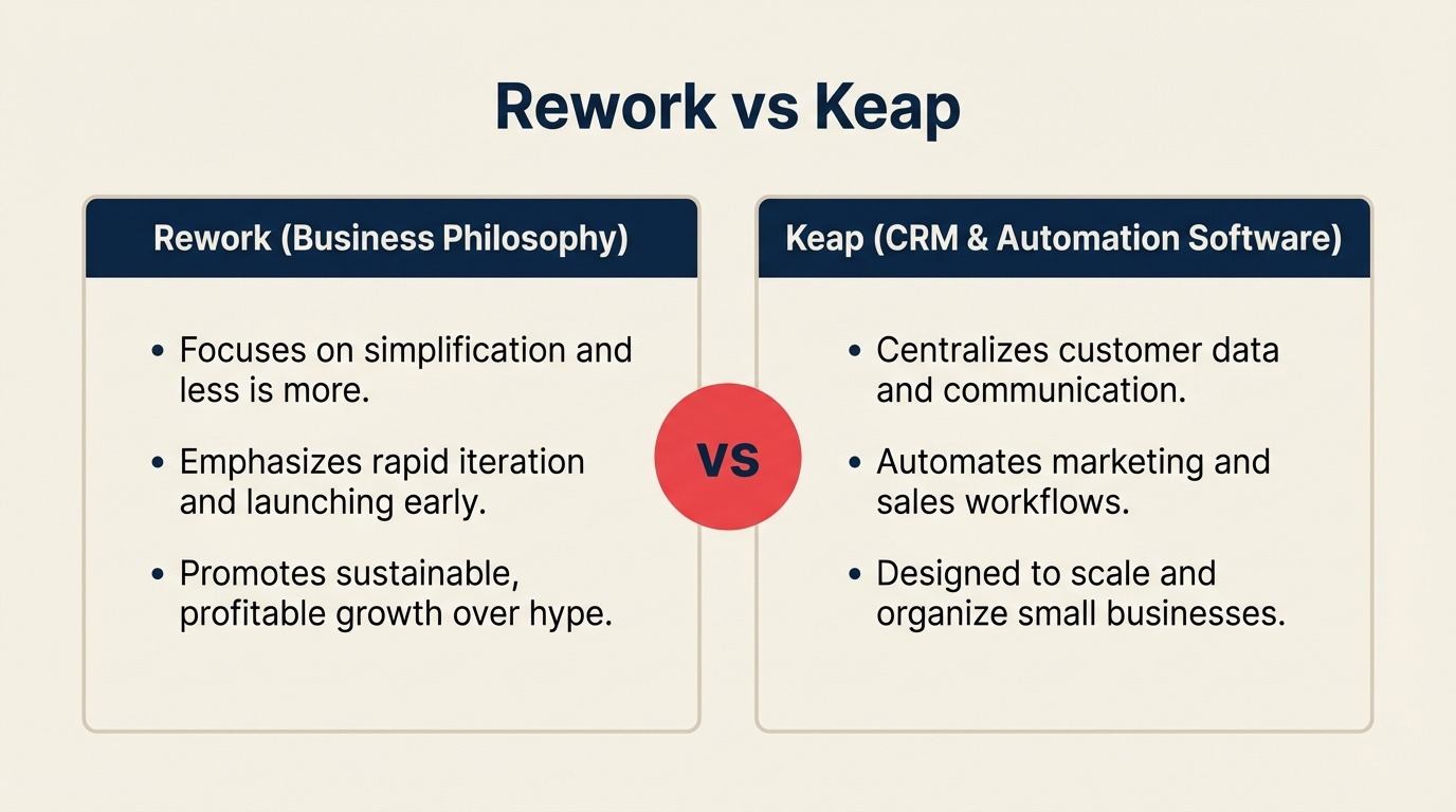 Comparação entre Rework e Keap CRM, CRM unificado com gestão de leads e chat versus CRM para pequenas empresas com automação de marketing e pagamentos