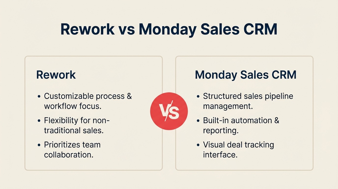 Perbandingan Rework vs Monday Sales CRM, CRM terpadu yang dibuat khusus vs papan Work-OS fleksibel yang dikonfigurasi sebagai CRM