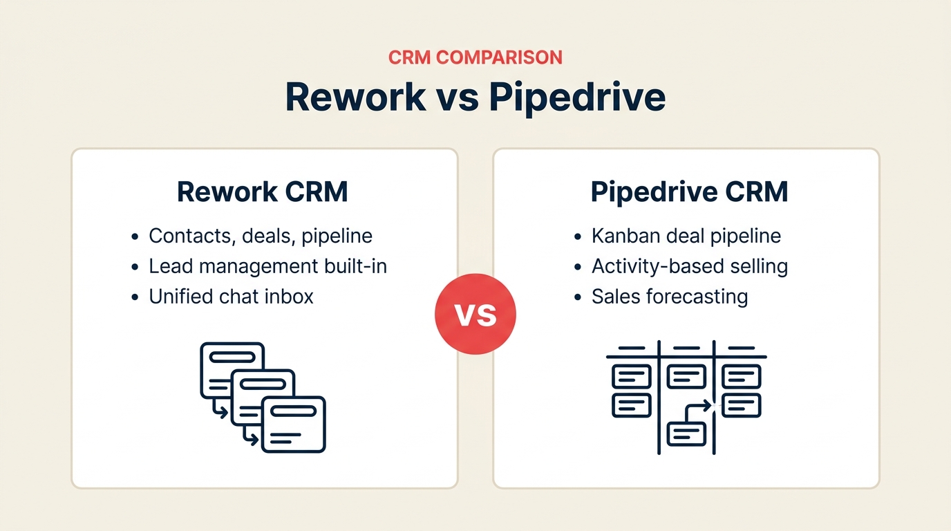 Comparação entre Rework e Pipedrive CRM, CRM unificado com gestão de leads e chat versus CRM de vendas com foco em pipeline