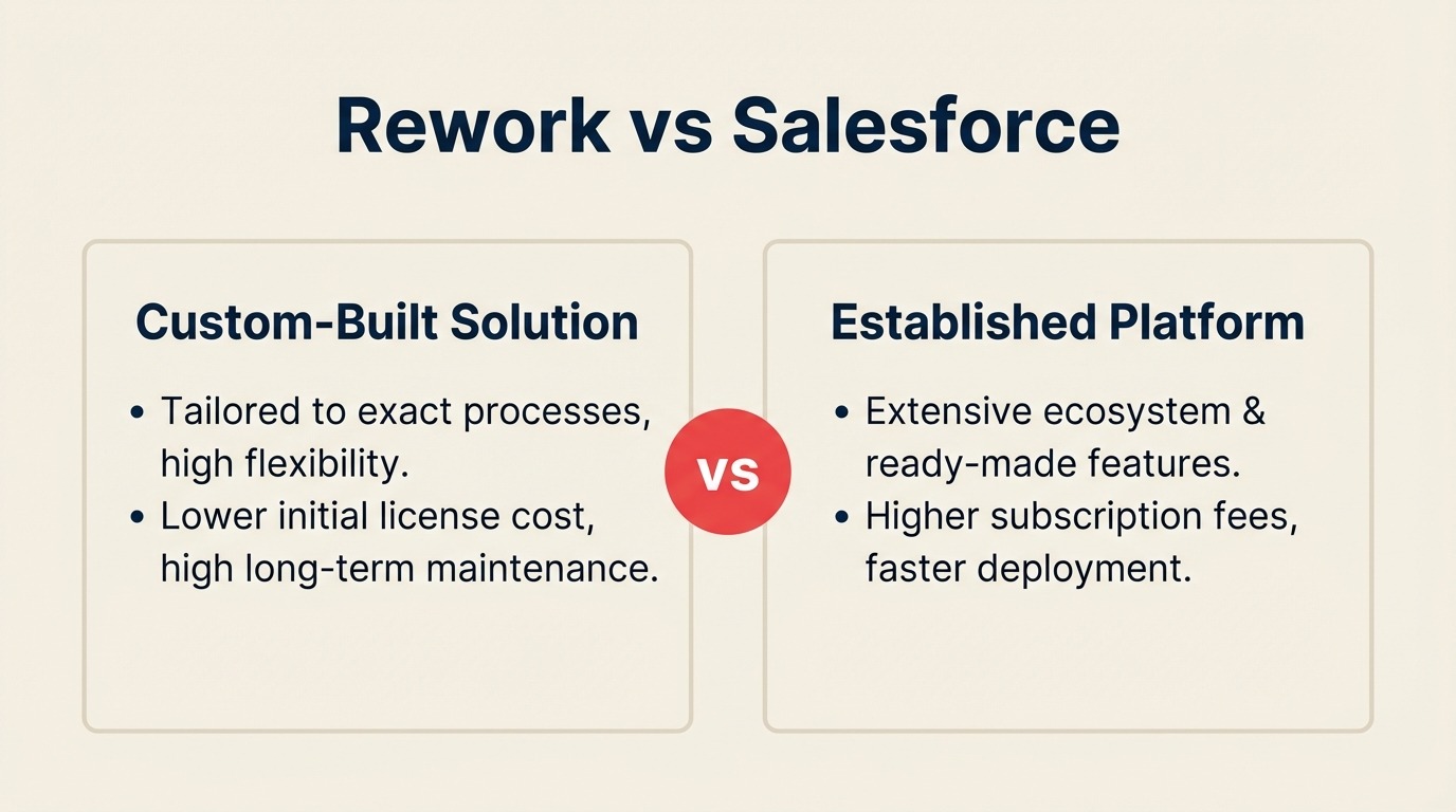 Perbandingan CRM Rework vs Salesforce, CRM terpadu dengan manajemen lead dan chat dibandingkan ekosistem Salesforce Clouds untuk enterprise