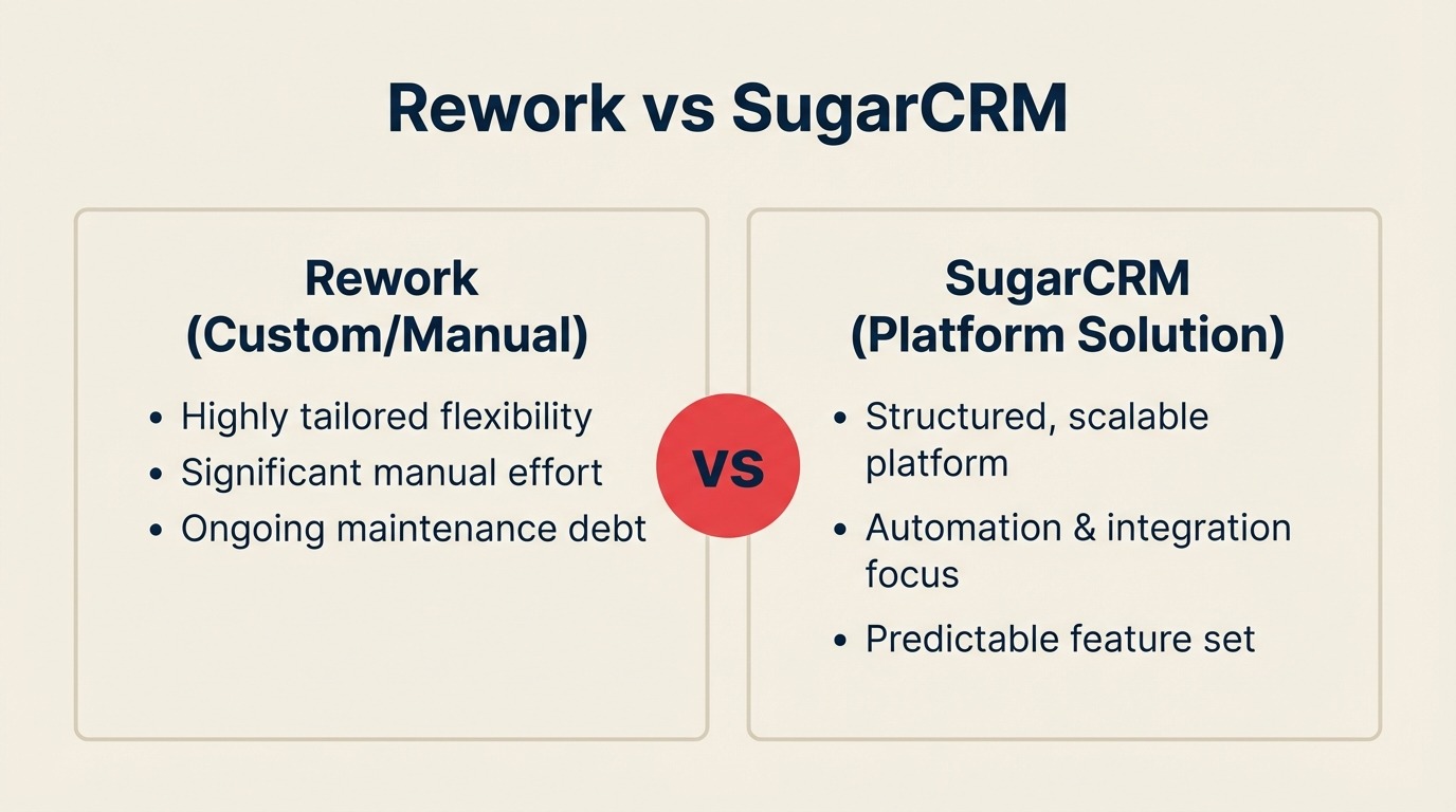 Comparação entre Rework e SugarCRM, CRM unificado para o mercado médio com gestão de leads e chat versus CRM enterprise customizável com IA SugarPredict