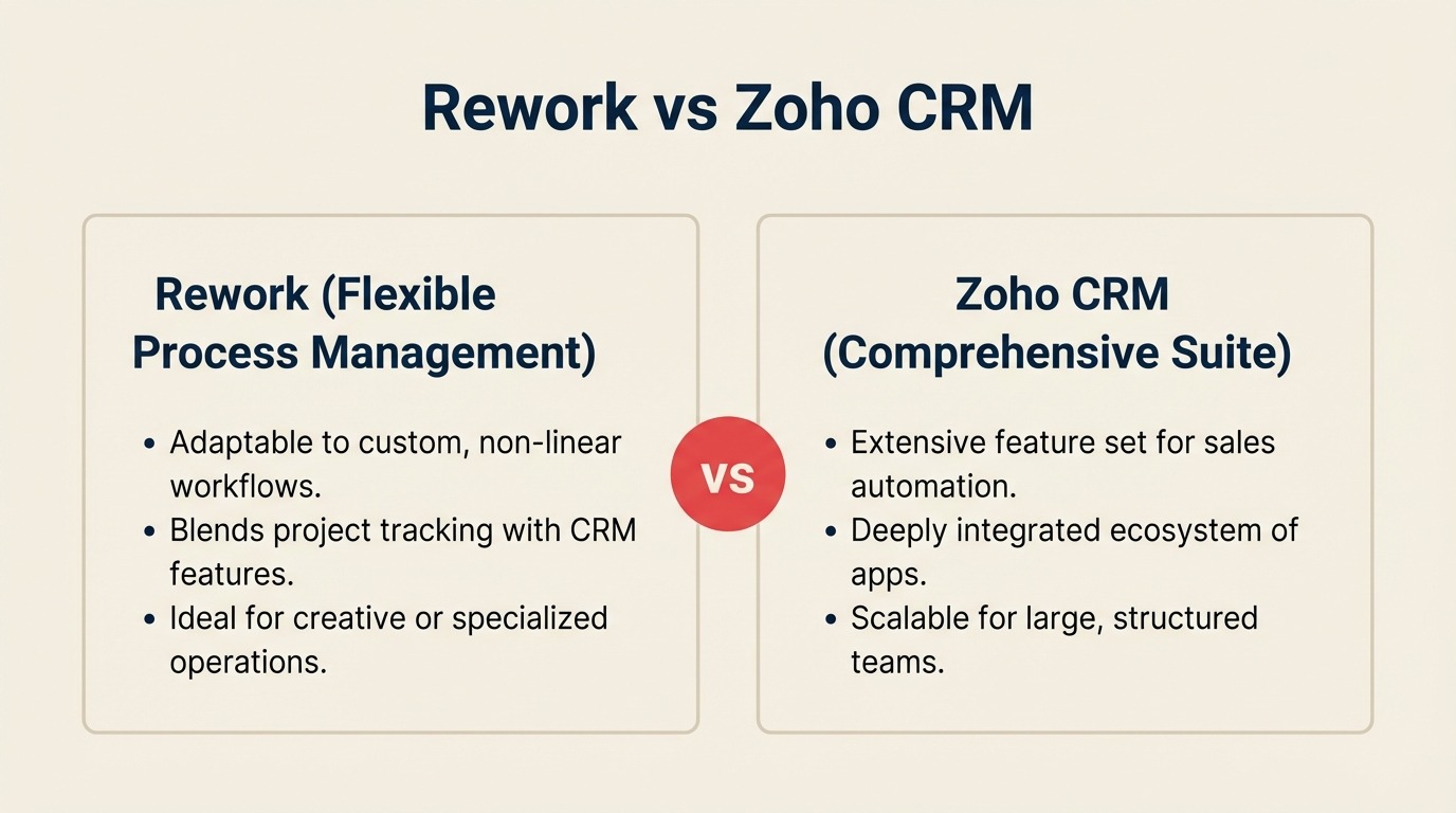 Rework vs Zoho CRM Vergleich: einheitliches CRM mit Lead-Management und Chat im Vergleich zum Zoho One-Ökosystem mit 45 Apps
